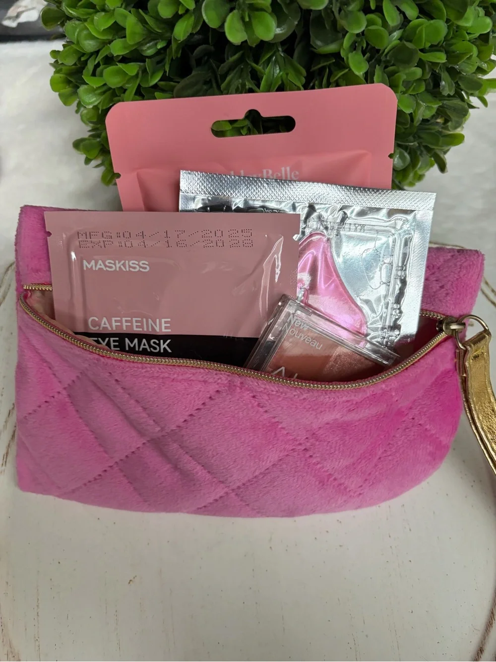 Pink Quilted Makeup Bag with Beauty Samples